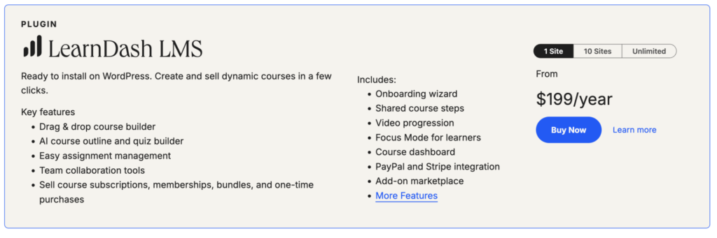 LearnDash Pricing 2025: Complete Breakdown of Plans, Add-ons, and Costs 2 Learndash Pricing for the plugin
