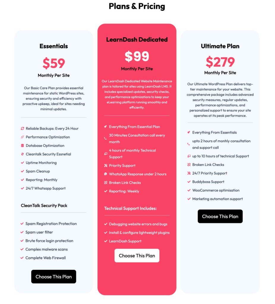 WordPress & WooCommerce Maintenance Packages Pricing