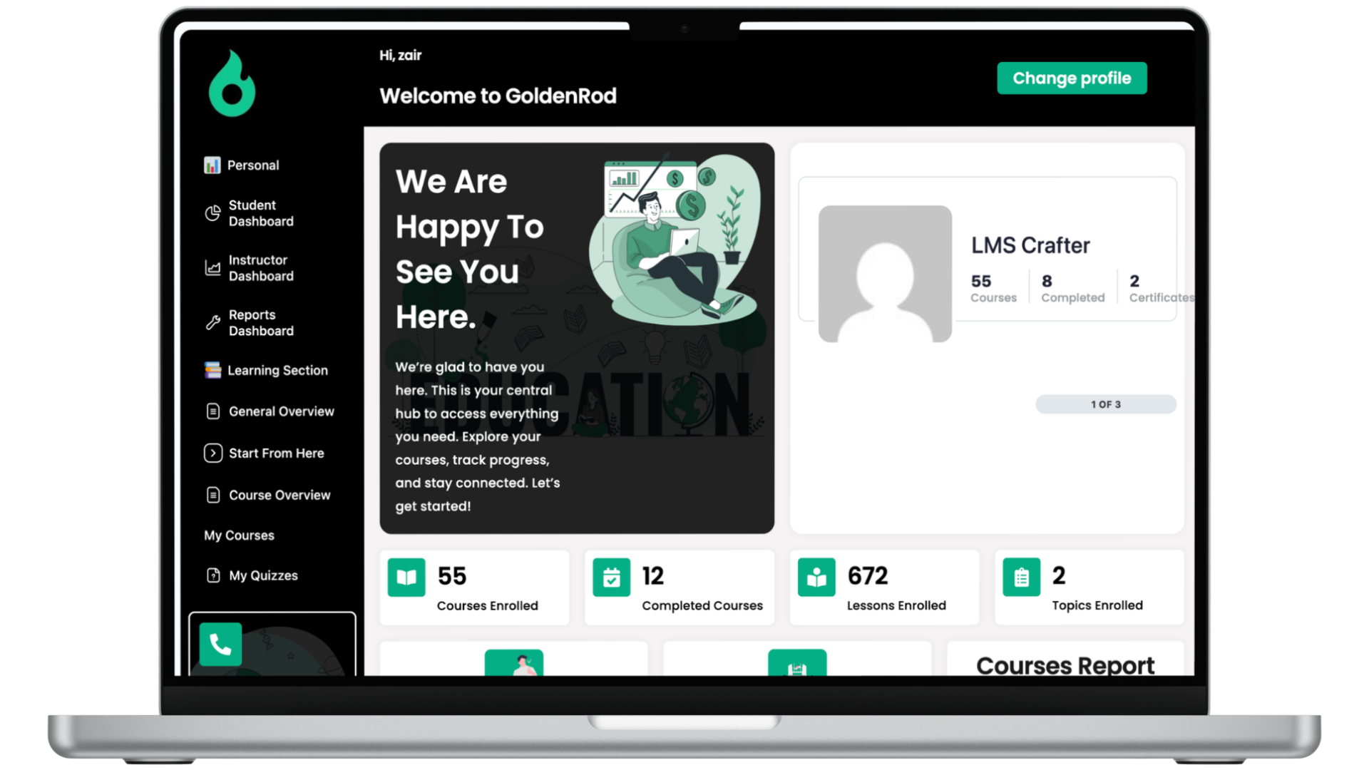 Dark Mode Student Dashboard Template for LearnDash